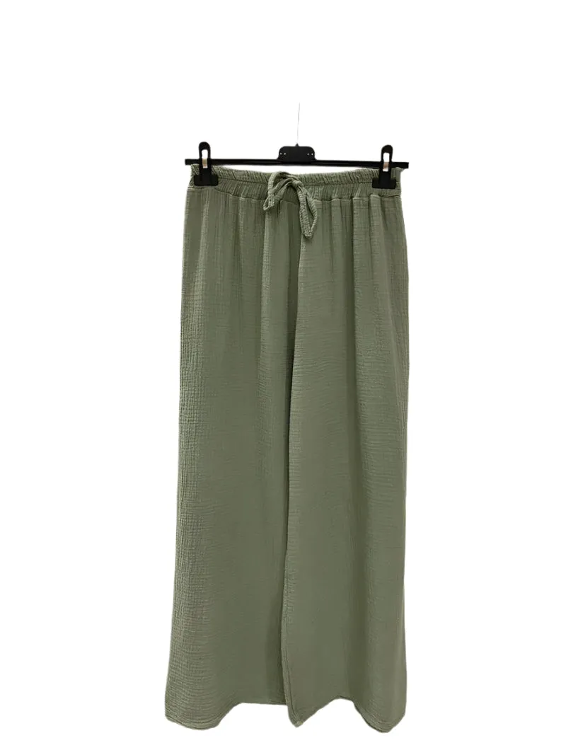 Italian Plain Cotton Gauze Trousers Elasticated Waist One Size