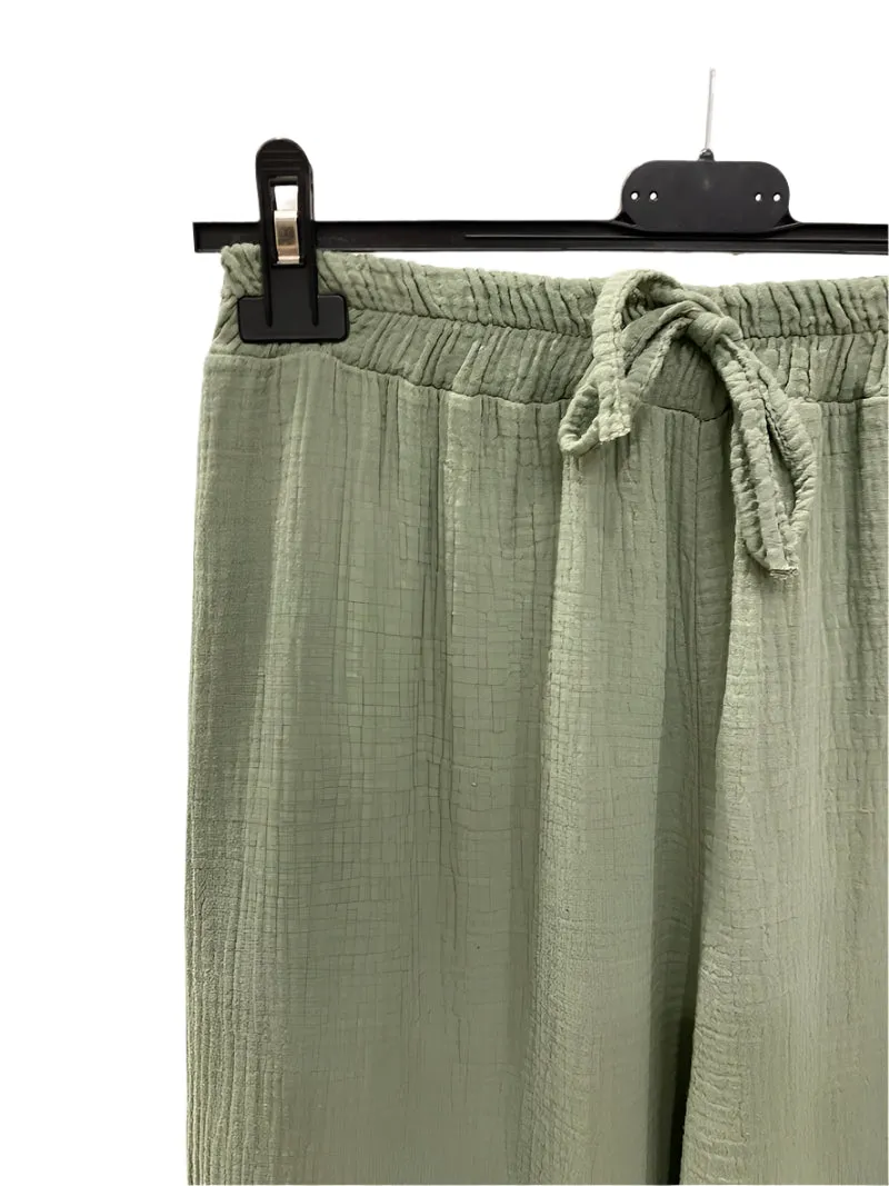 Italian Plain Cotton Gauze Trousers Elasticated Waist One Size