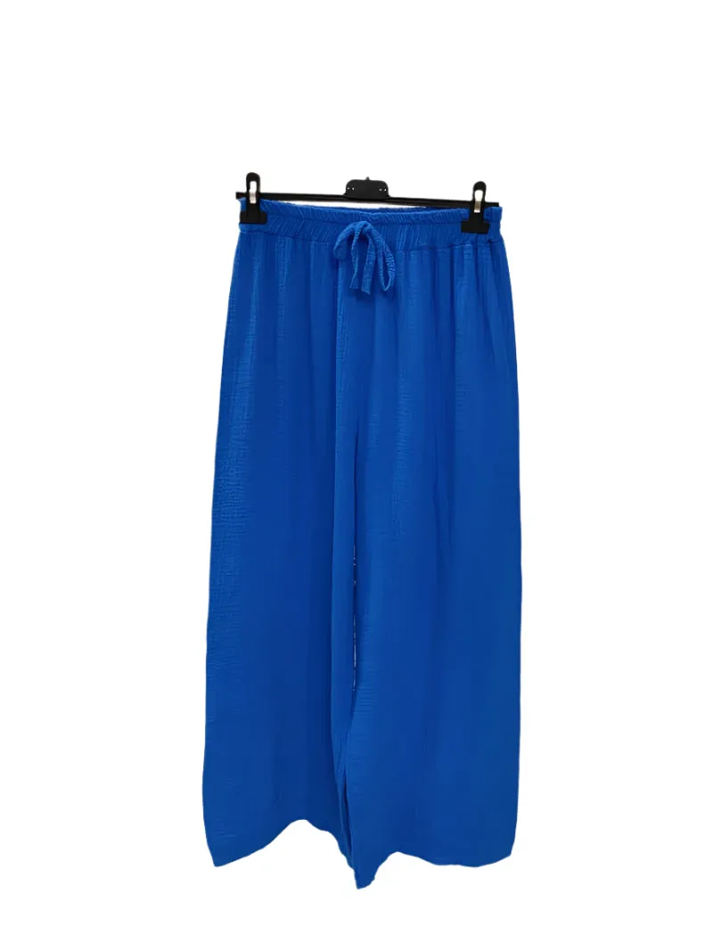 Italian Plain Cotton Gauze Trousers Elasticated Waist One Size