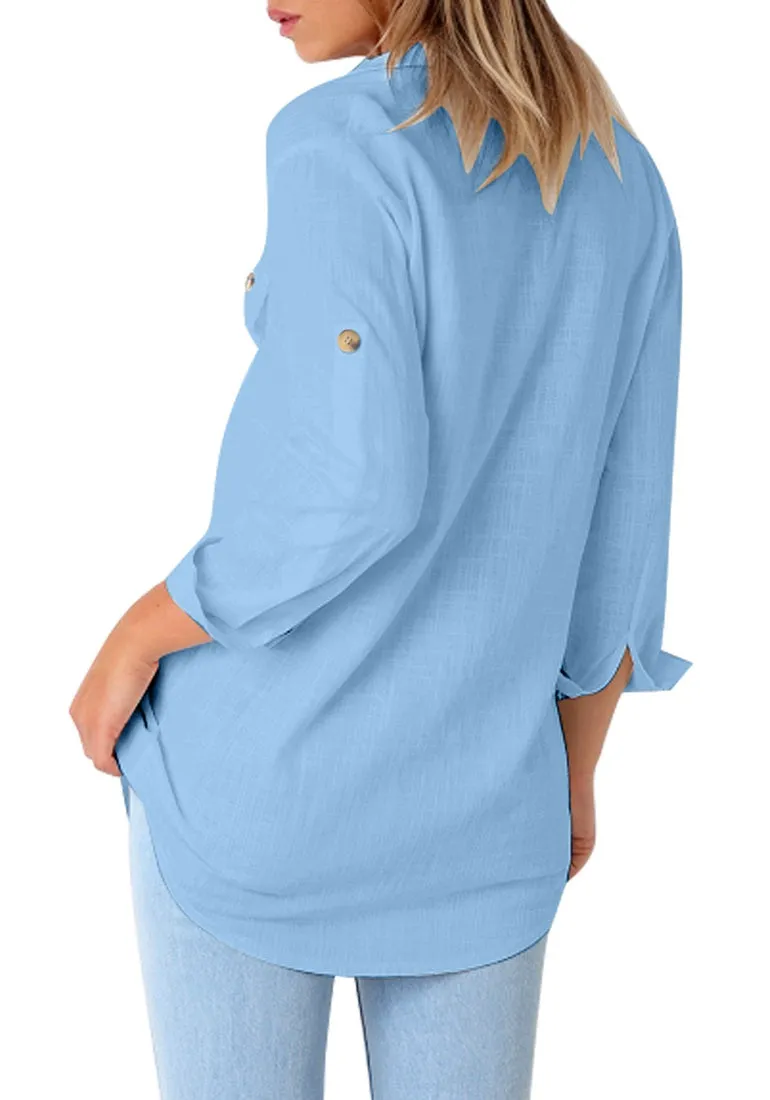 Light Blue Long Cuffed Sleeves Lapel Button-Up Blouse