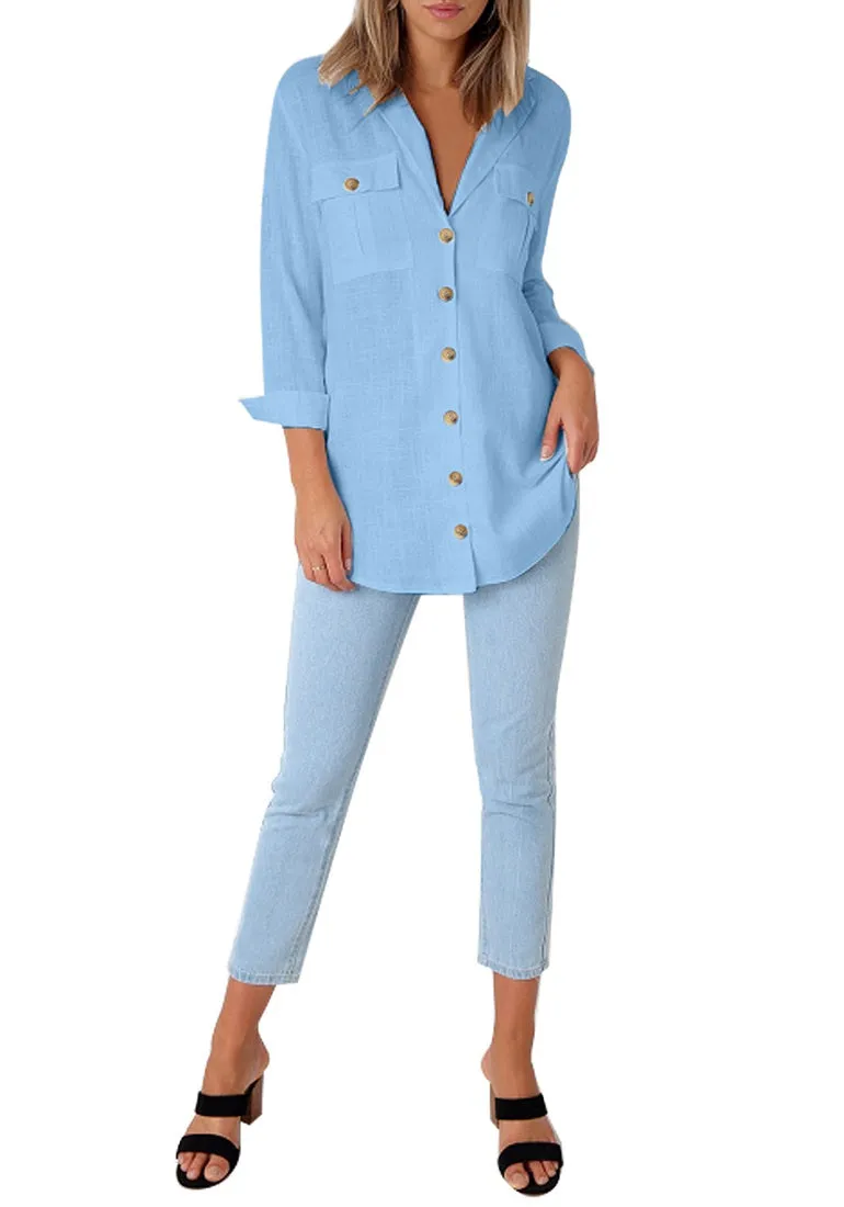 Light Blue Long Cuffed Sleeves Lapel Button-Up Blouse