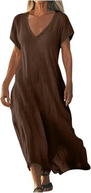 Linen Dresses for Women 2025 Trendy Vneck Long Maxi Dress Flowy Summer Sundresses Boho Beach Wear
