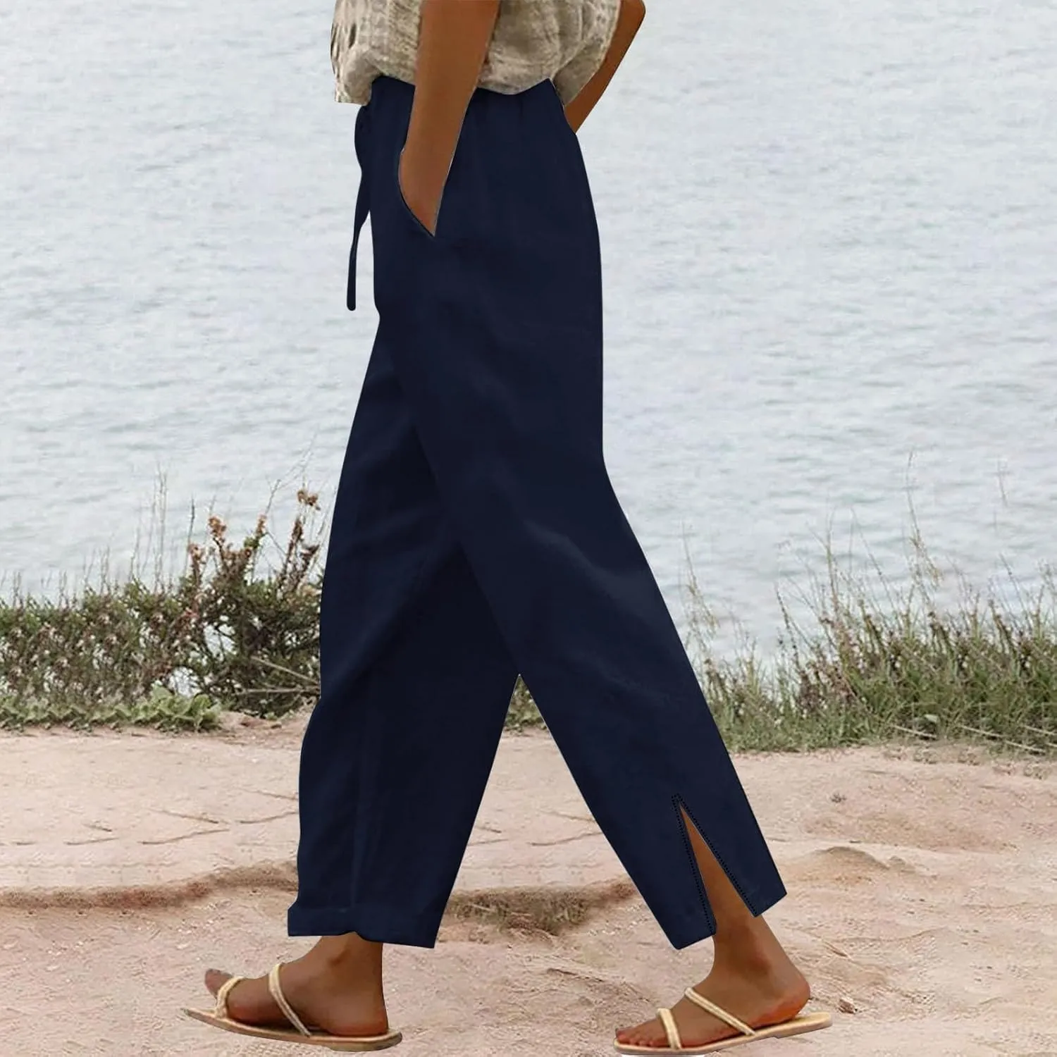 Linen Pants for Women Summer High Waist Elastic Gauze Pant Lightweight Comfy Lounge Straight Leg Pant Trousers