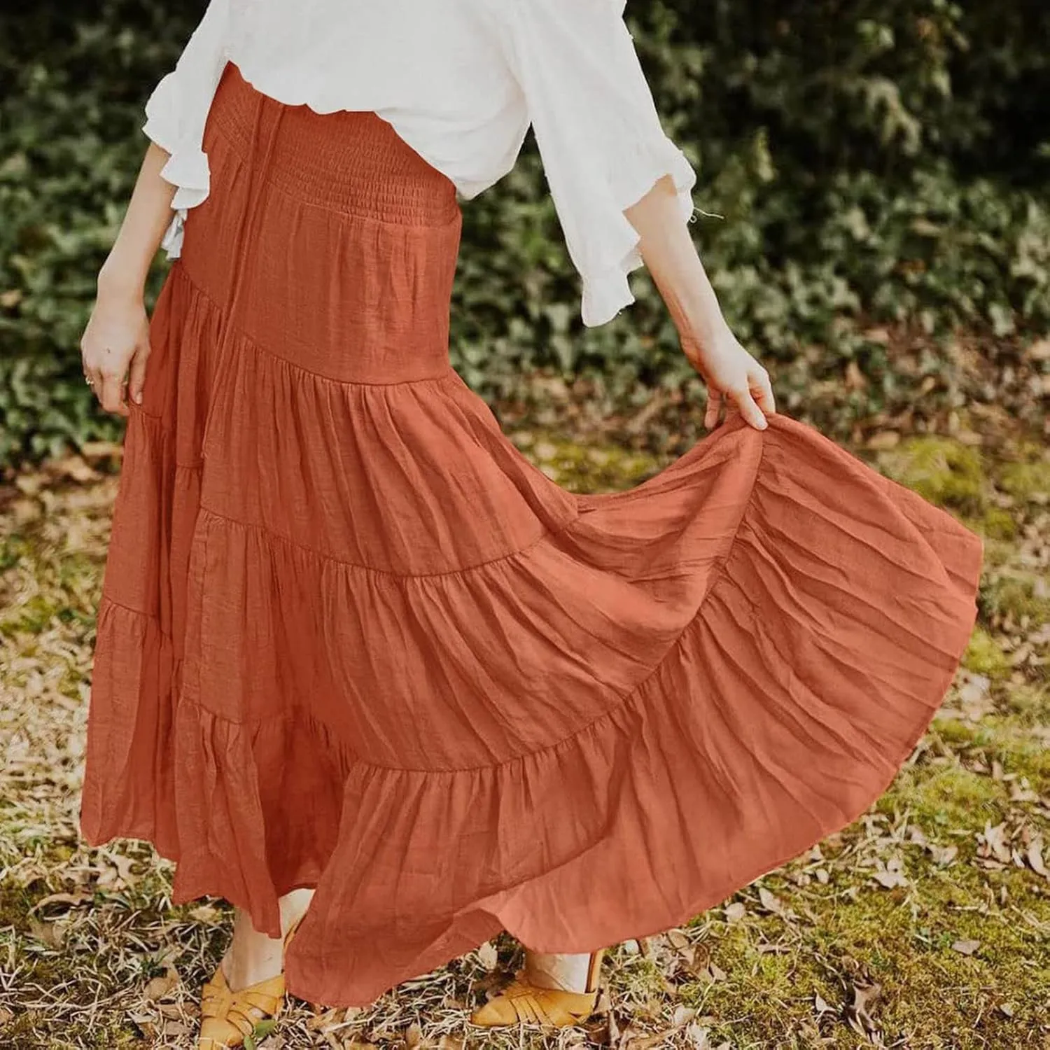 Long Pleated Skirts for Women A Line Summer High Waist Maxi Skirts Tiered Bohemian Flowy Drawstring Casual Skirts