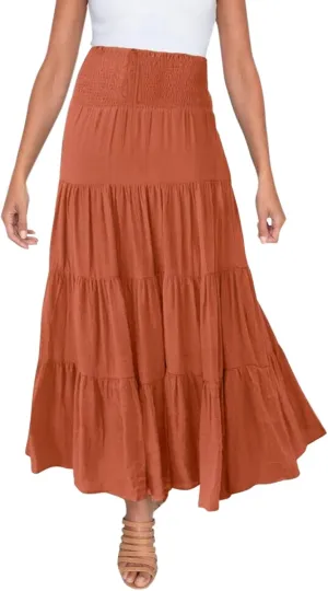 Long Pleated Skirts for Women A Line Summer High Waist Maxi Skirts Tiered Bohemian Flowy Drawstring Casual Skirts