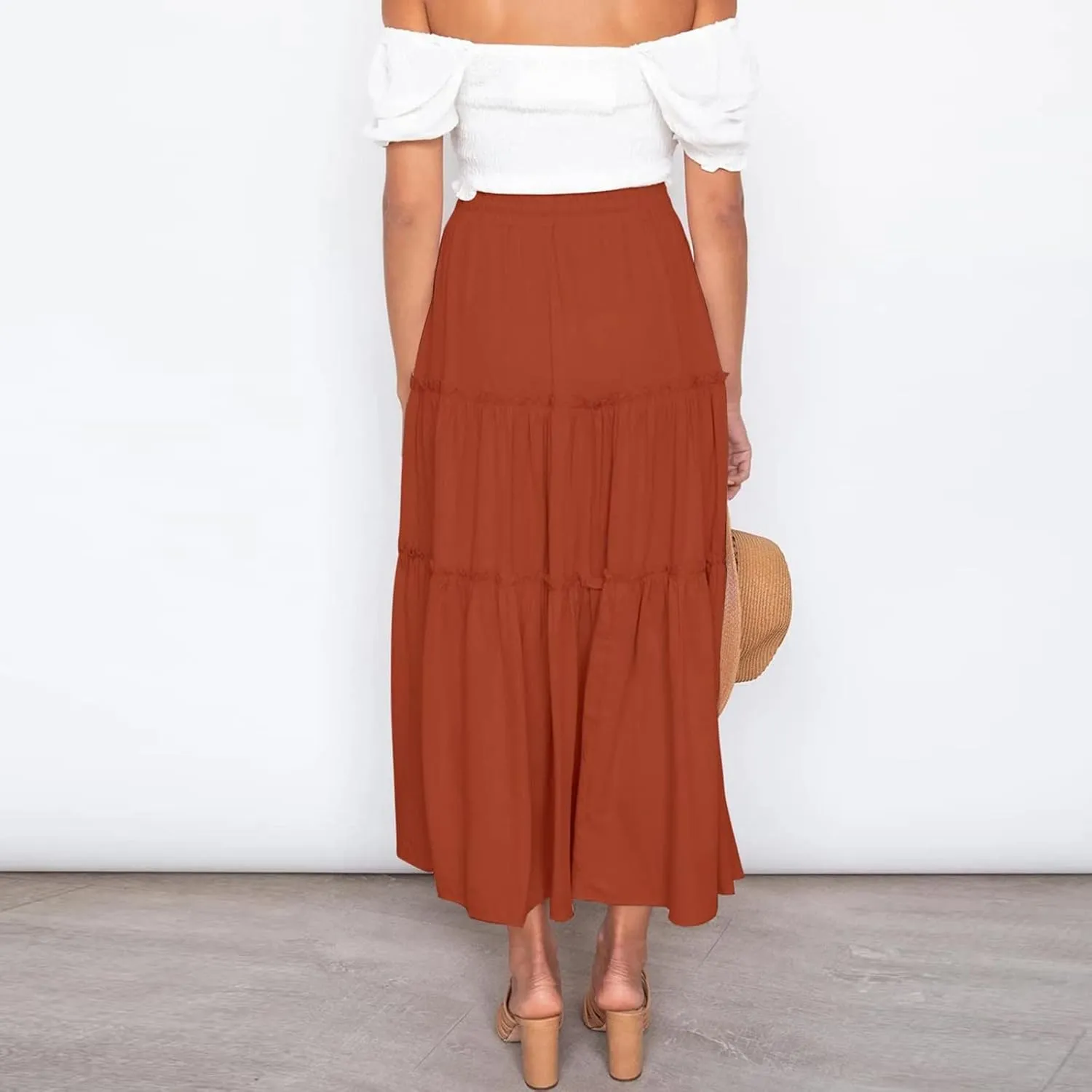 Long Pleated Skirts for Women A Line Summer High Waist Maxi Skirts Tiered Bohemian Flowy Drawstring Casual Skirts