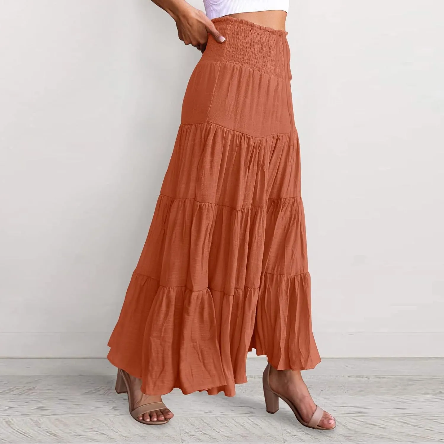 Long Pleated Skirts for Women A Line Summer High Waist Maxi Skirts Tiered Bohemian Flowy Drawstring Casual Skirts