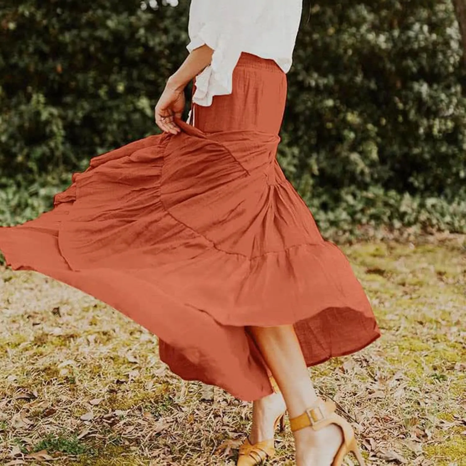 Long Pleated Skirts for Women A Line Summer High Waist Maxi Skirts Tiered Bohemian Flowy Drawstring Casual Skirts