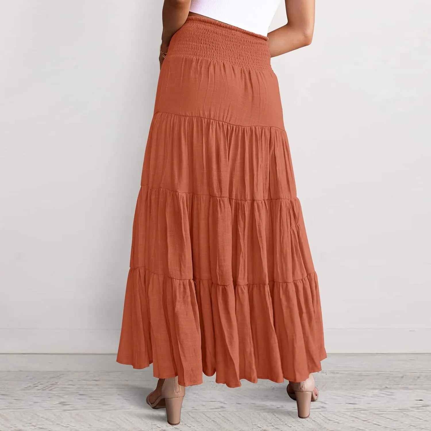 Long Pleated Skirts for Women A Line Summer High Waist Maxi Skirts Tiered Bohemian Flowy Drawstring Casual Skirts