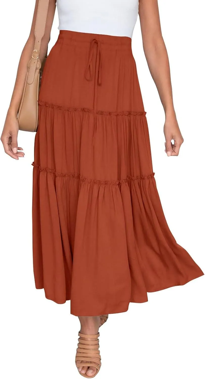 Long Pleated Skirts for Women A Line Summer High Waist Maxi Skirts Tiered Bohemian Flowy Drawstring Casual Skirts