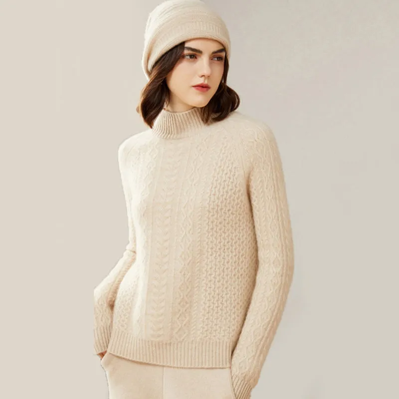 Luxurious Cable-Knit Mock Neck Cashmere Sweater for Women CP003