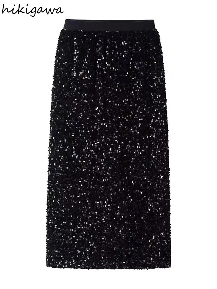 LVSANW Temperament Jupe Fashion Velvet Black Skirts for Women 2025 Faldas Mujer De Moda High Waist Chic Saia Sequin Bodycon Split Skirt