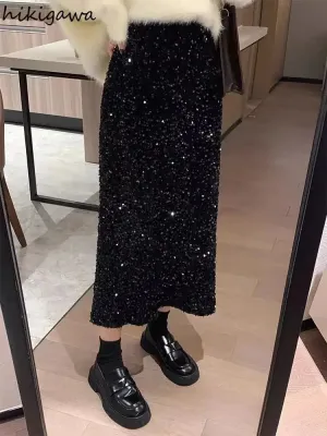 LVSANW Temperament Jupe Fashion Velvet Black Skirts for Women 2025 Faldas Mujer De Moda High Waist Chic Saia Sequin Bodycon Split Skirt