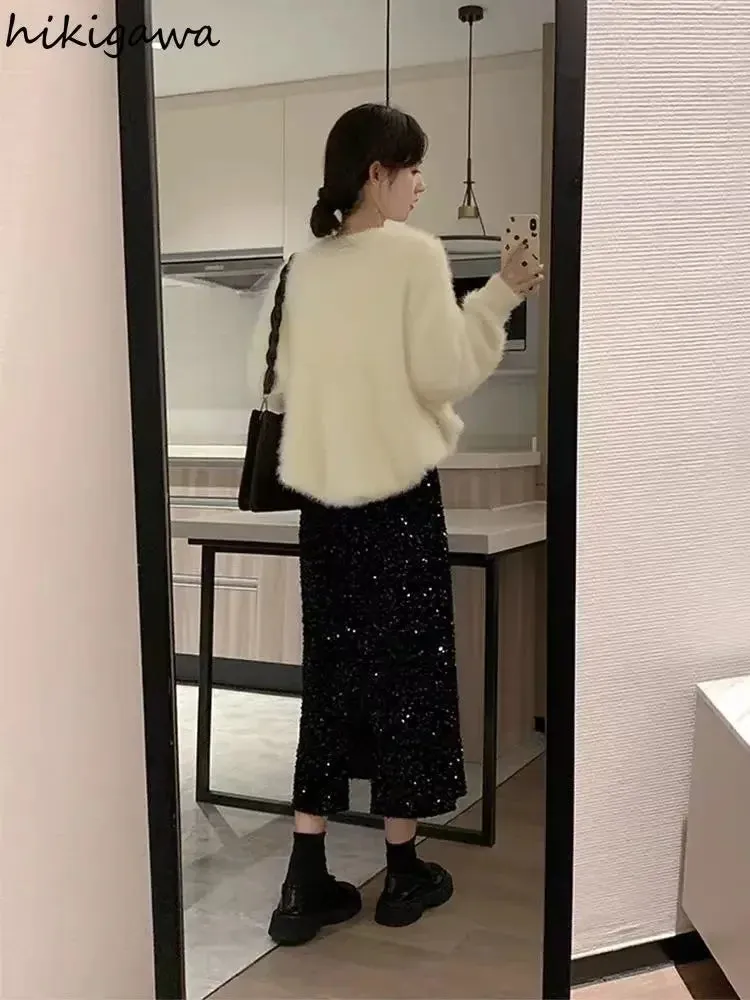 LVSANW Temperament Jupe Fashion Velvet Black Skirts for Women 2025 Faldas Mujer De Moda High Waist Chic Saia Sequin Bodycon Split Skirt