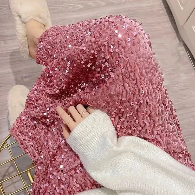 LVSANW Temperament Jupe Fashion Velvet Black Skirts for Women 2025 Faldas Mujer De Moda High Waist Chic Saia Sequin Bodycon Split Skirt