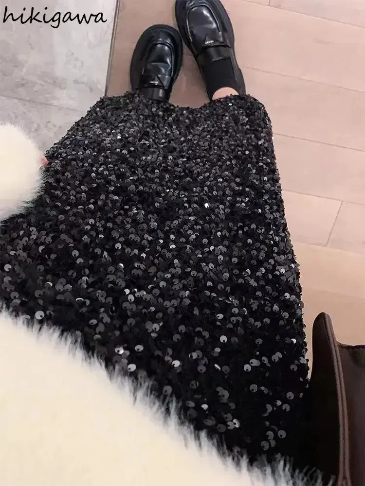 LVSANW Temperament Jupe Fashion Velvet Black Skirts for Women 2025 Faldas Mujer De Moda High Waist Chic Saia Sequin Bodycon Split Skirt