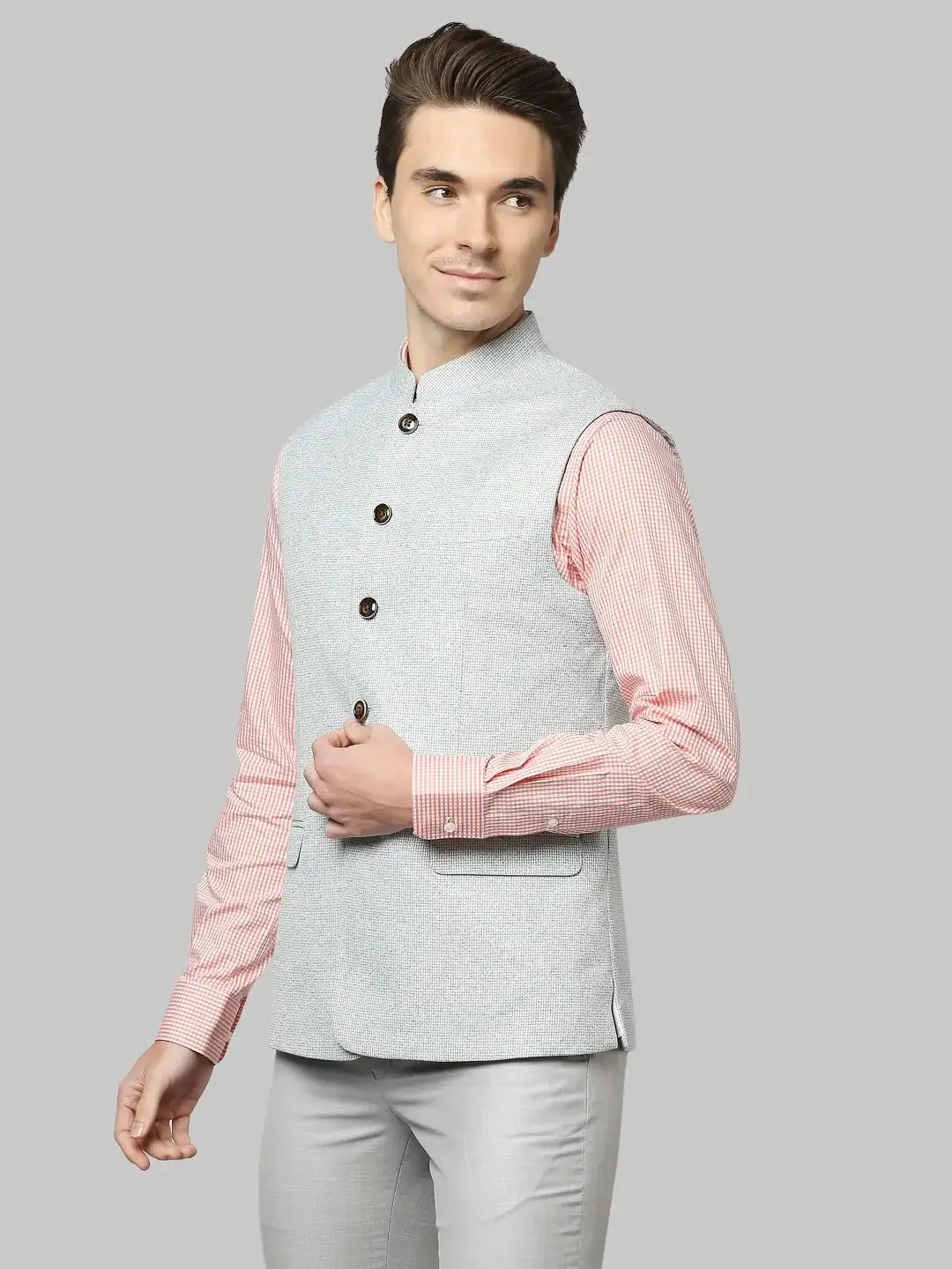Men Green Slim Fit Structure Polyester Blend Waist Coat