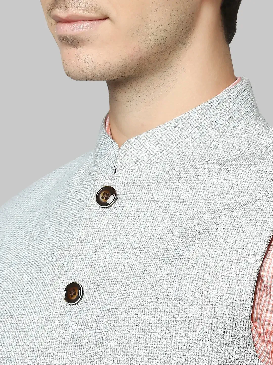 Men Green Slim Fit Structure Polyester Blend Waist Coat