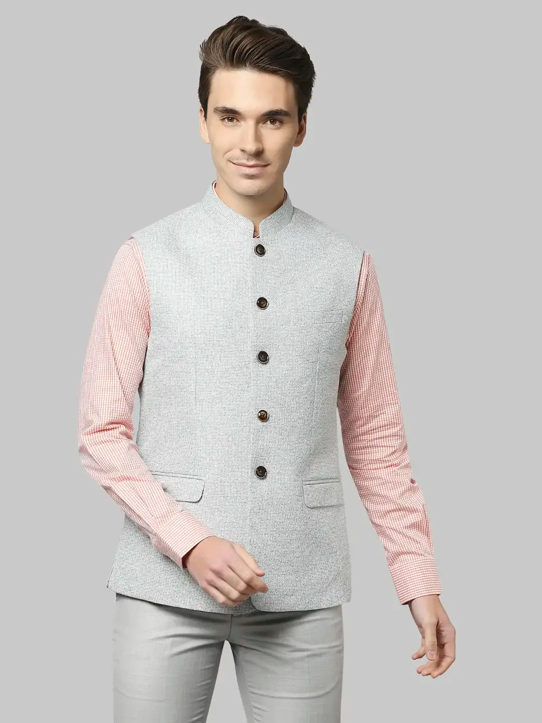Men Green Slim Fit Structure Polyester Blend Waist Coat