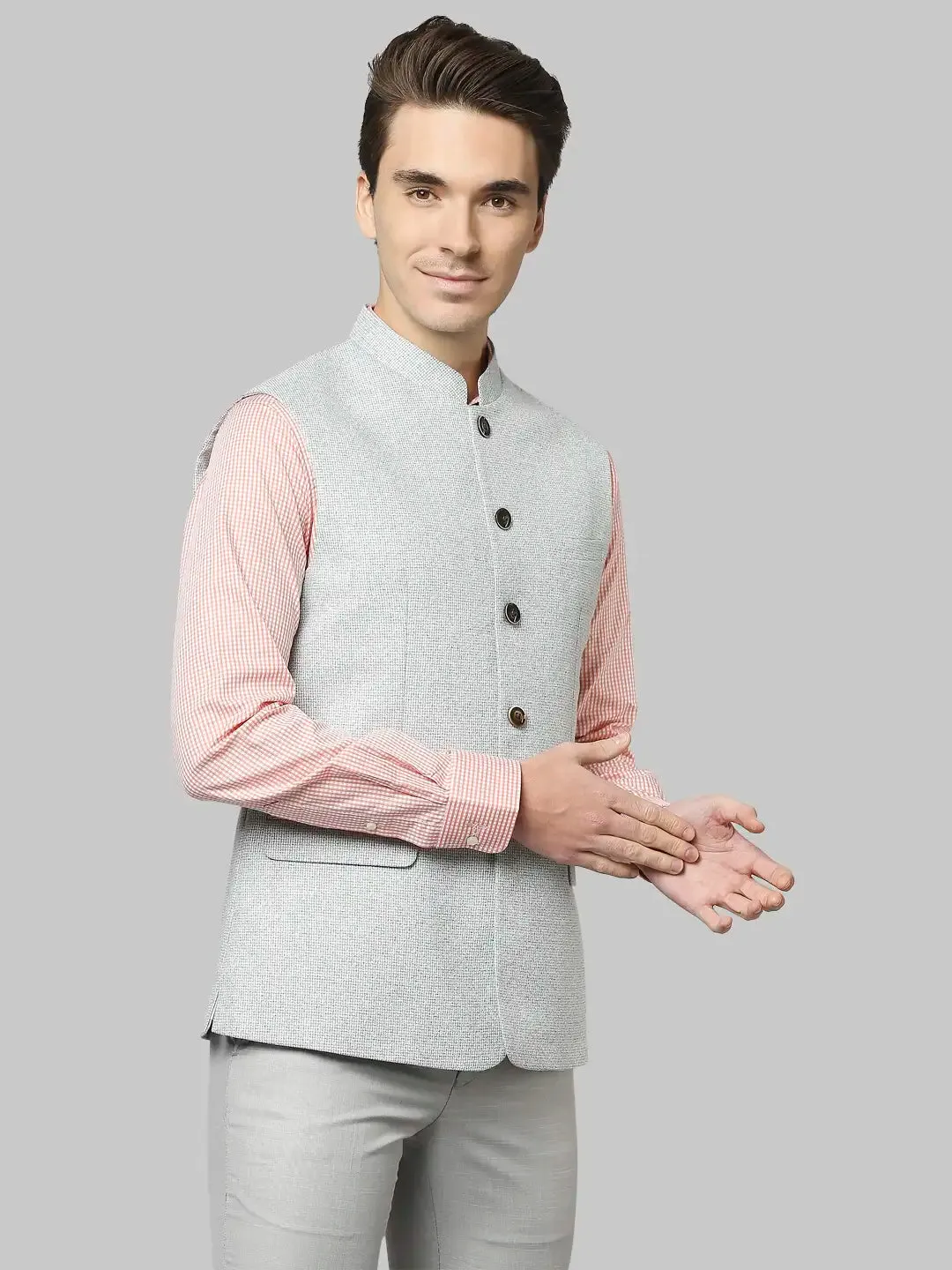 Men Green Slim Fit Structure Polyester Blend Waist Coat