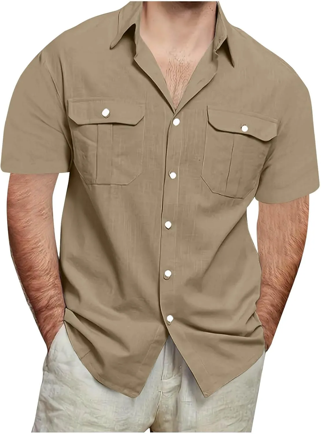 Men's Button Down Short Sleeve Shirt Casual Cotton Linen Beach Tops Plus Size Collared Basic Shirts Holiday Outfits