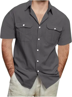 Men's Button Down Short Sleeve Shirt Casual Cotton Linen Beach Tops Plus Size Collared Basic Shirts Holiday Outfits