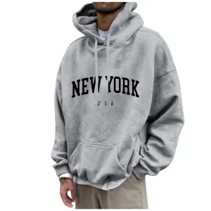 Mens New York Sweatshirt Hoodie Letter Print with Pocket Hooded Long Sleeve Graphic Hoodies Loose Fit Lightweight Casual Pullover Hoody Funny Baggy Jacket Light Gray XL