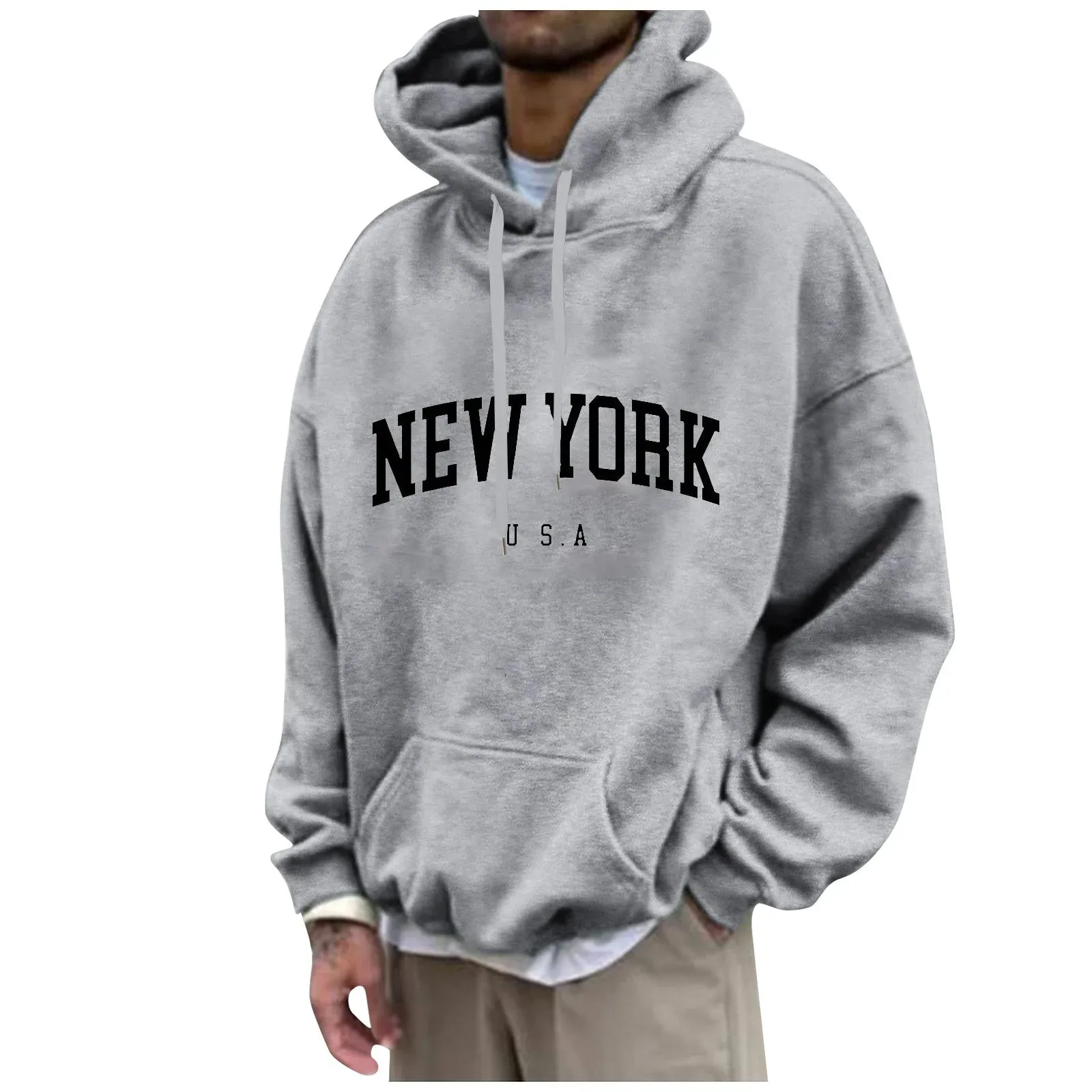 Mens New York Sweatshirt Hoodie Letter Print with Pocket Hooded Long Sleeve Graphic Hoodies Loose Fit Lightweight Casual Pullover Hoody Funny Baggy Jacket Light Gray XL