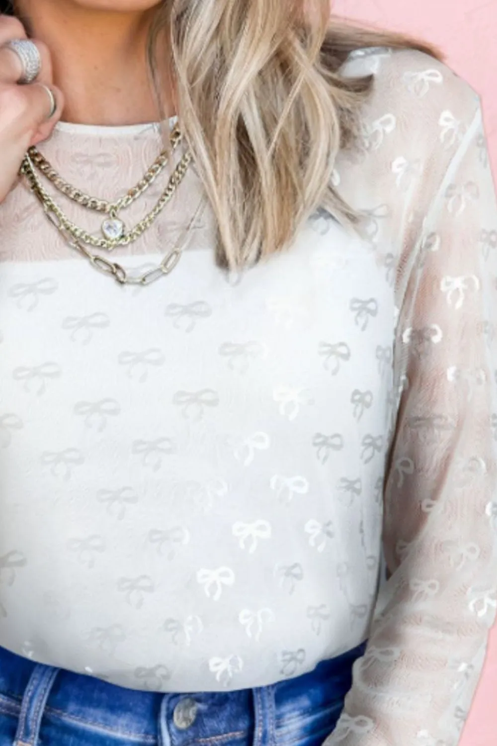 Pink Bow Round Neck Long Sleeve Top - Casual Chic Fashion