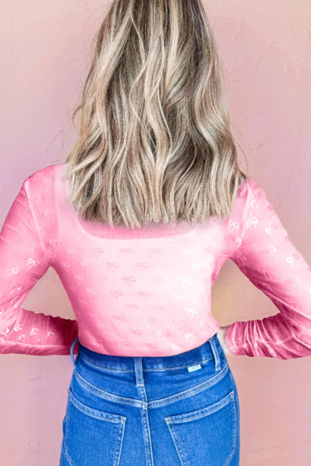 Pink Bow Round Neck Long Sleeve Top - Casual Chic Fashion