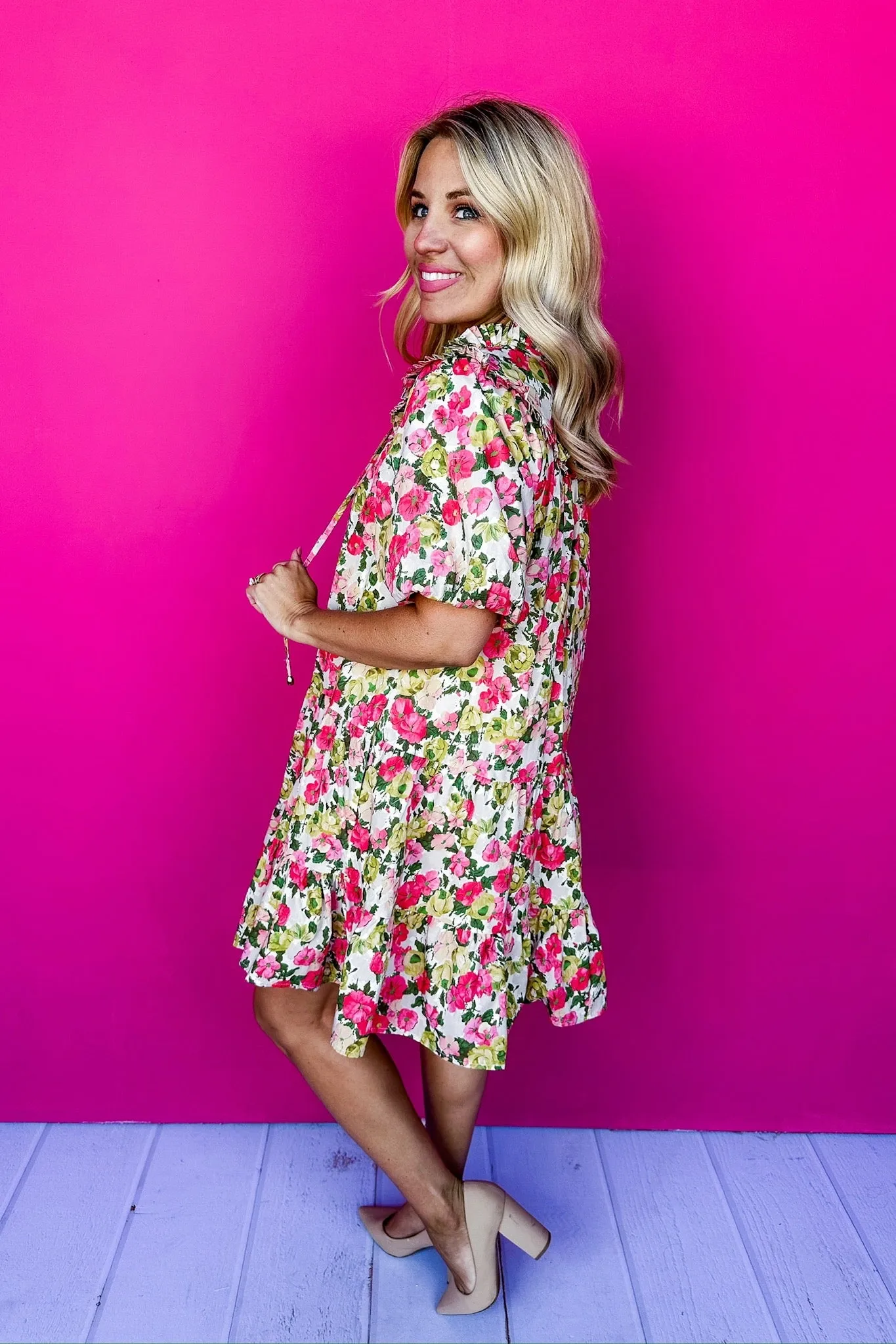 Pink Floral Tie Neck Bubble Sleeve Drop Tiered Dress