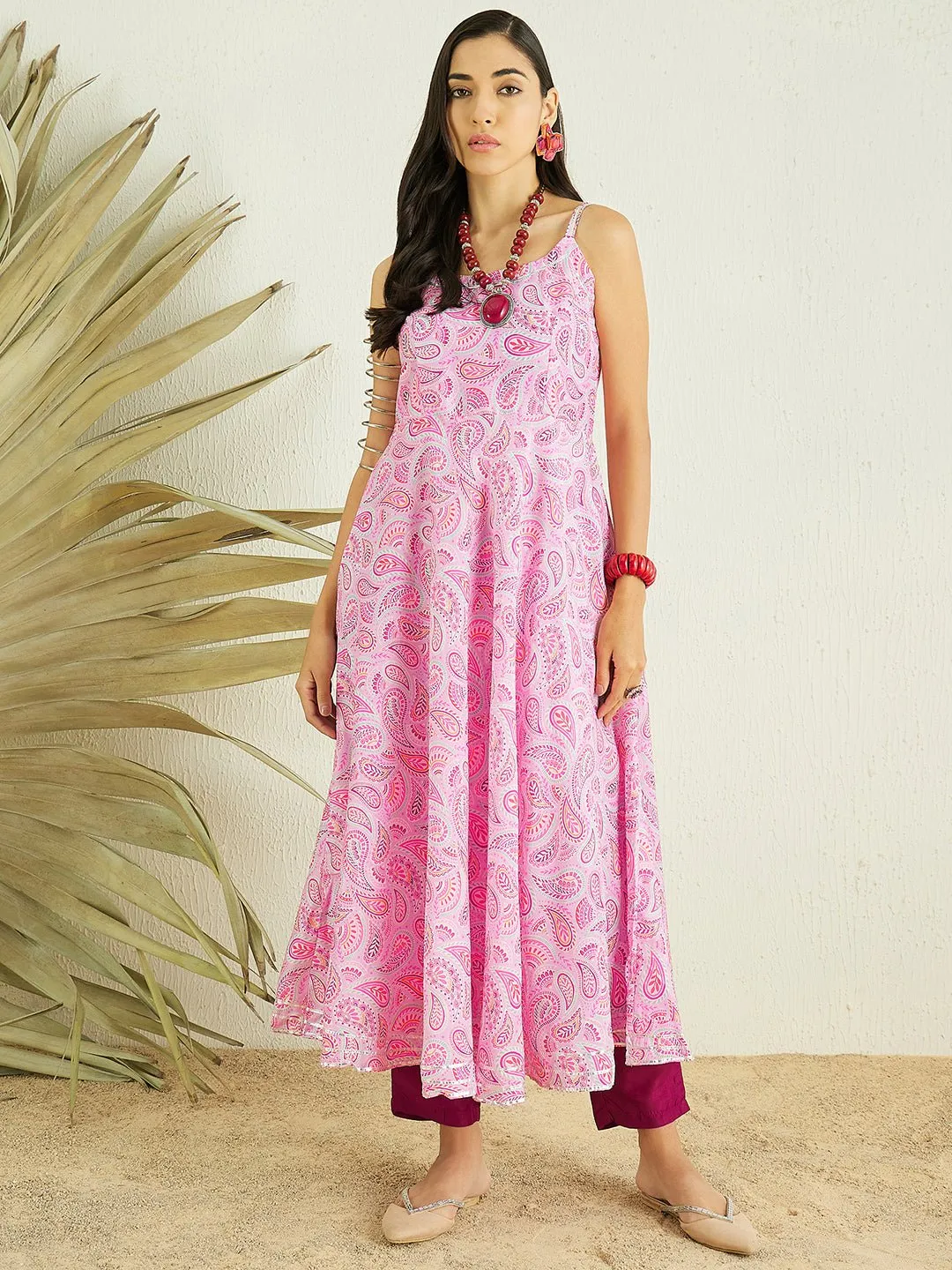Pink Paisley Printed Shoulder Strap A-Line Kurta With Trousers