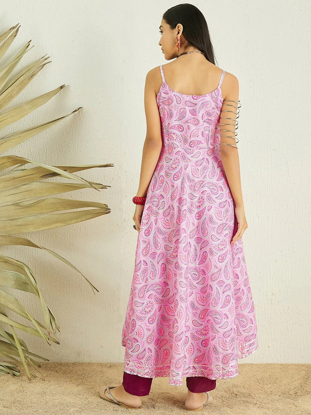 Pink Paisley Printed Shoulder Strap A-Line Kurta With Trousers