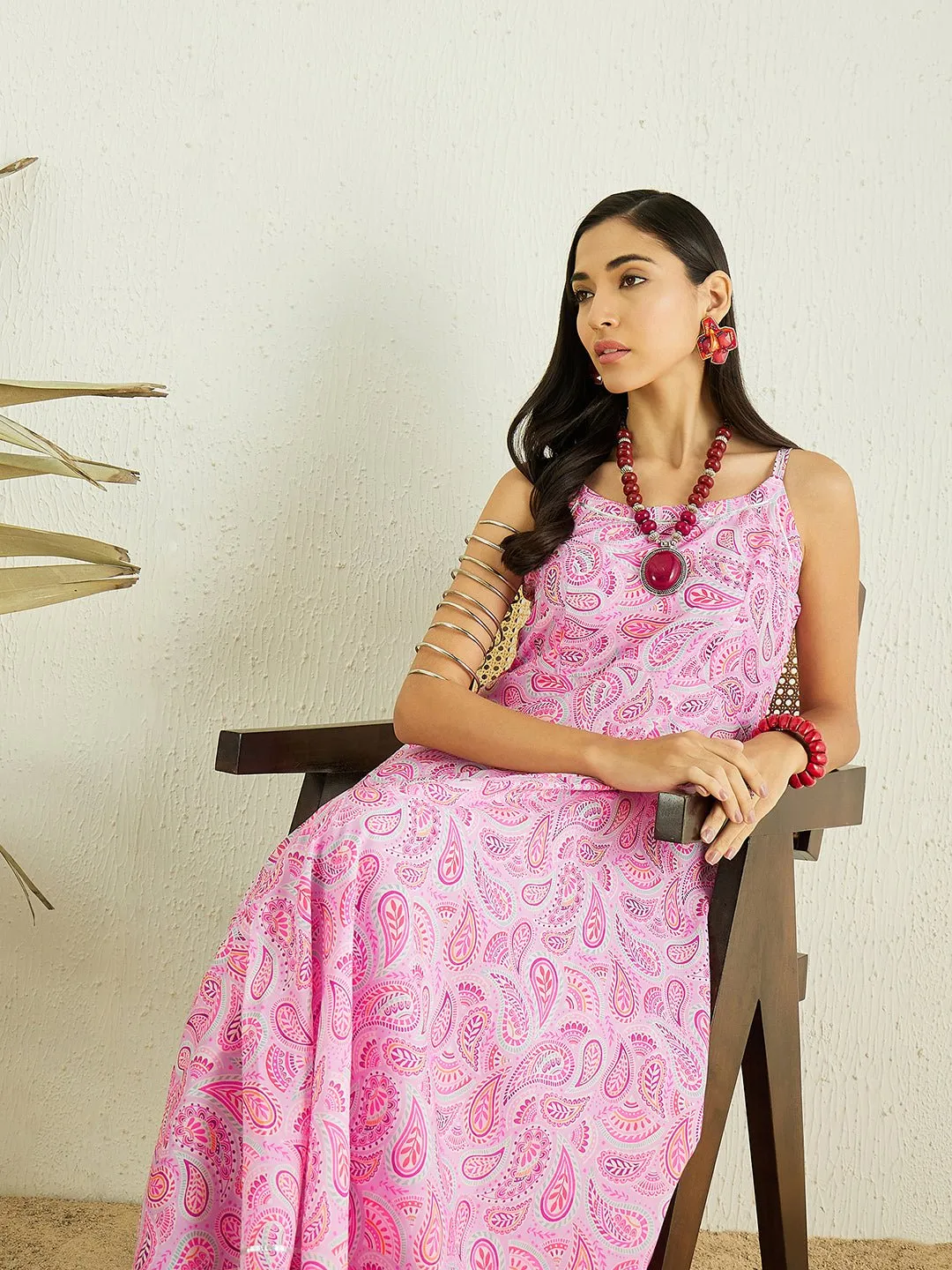 Pink Paisley Printed Shoulder Strap A-Line Kurta With Trousers