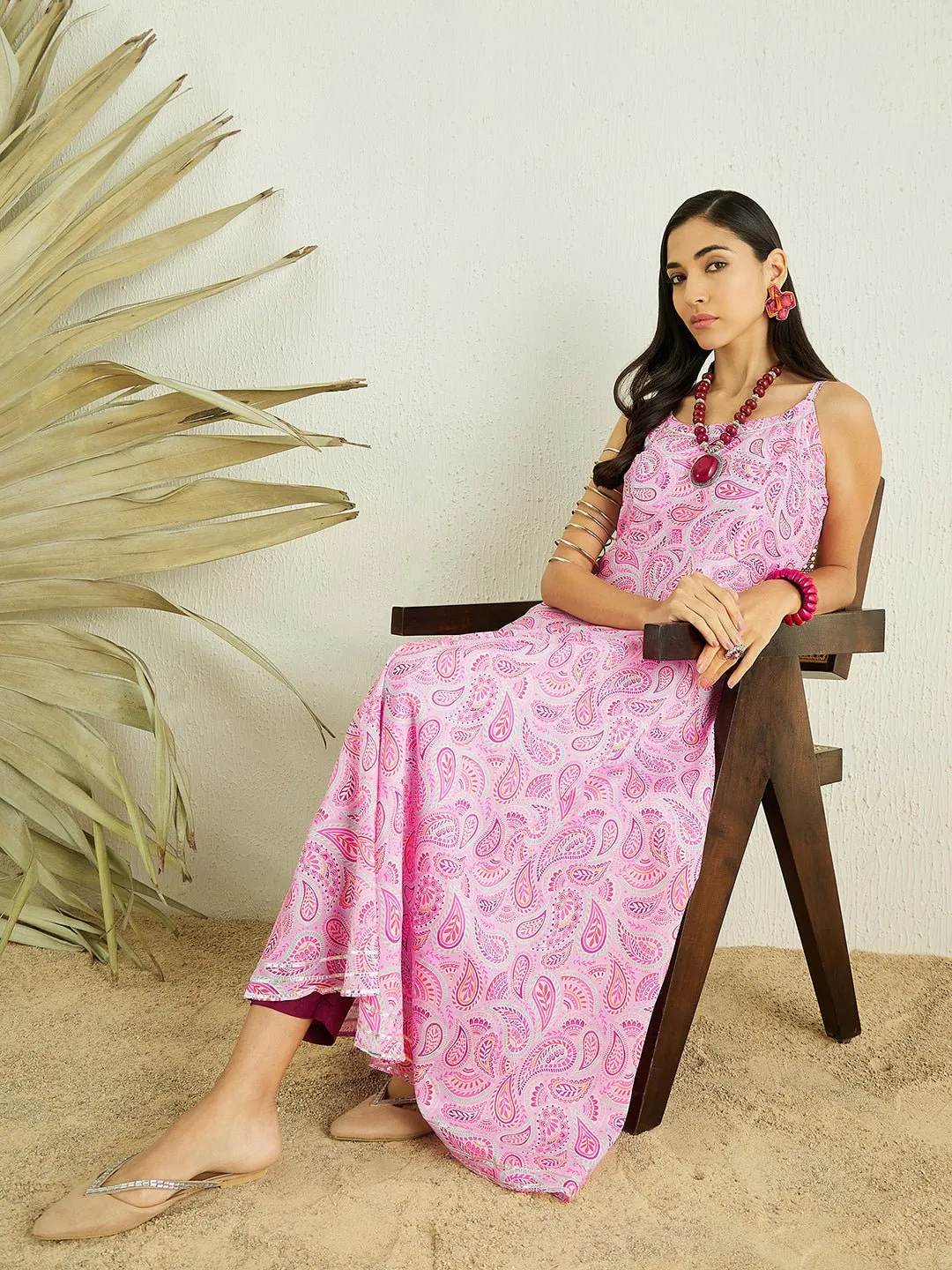Pink Paisley Printed Shoulder Strap A-Line Kurta With Trousers