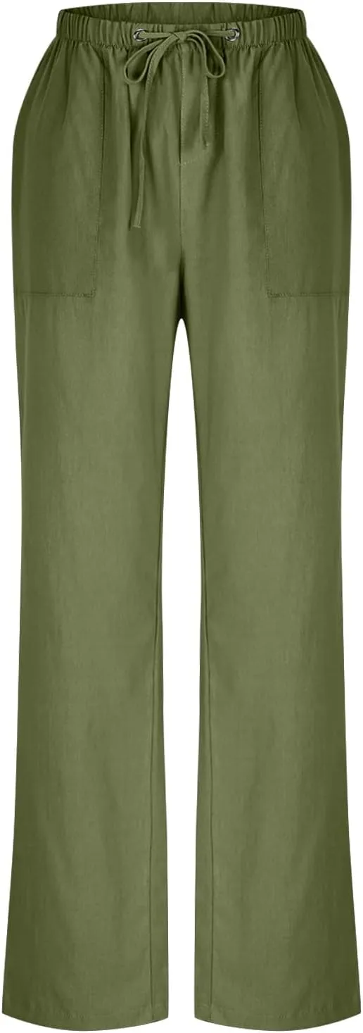 Plus Size Cotton Linen Pants Women Dressy Casual Elastic High Waisted Slacks Summer Trousers with Pockets