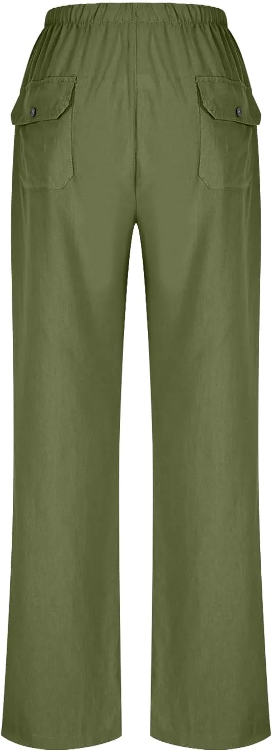 Plus Size Cotton Linen Pants Women Dressy Casual Elastic High Waisted Slacks Summer Trousers with Pockets