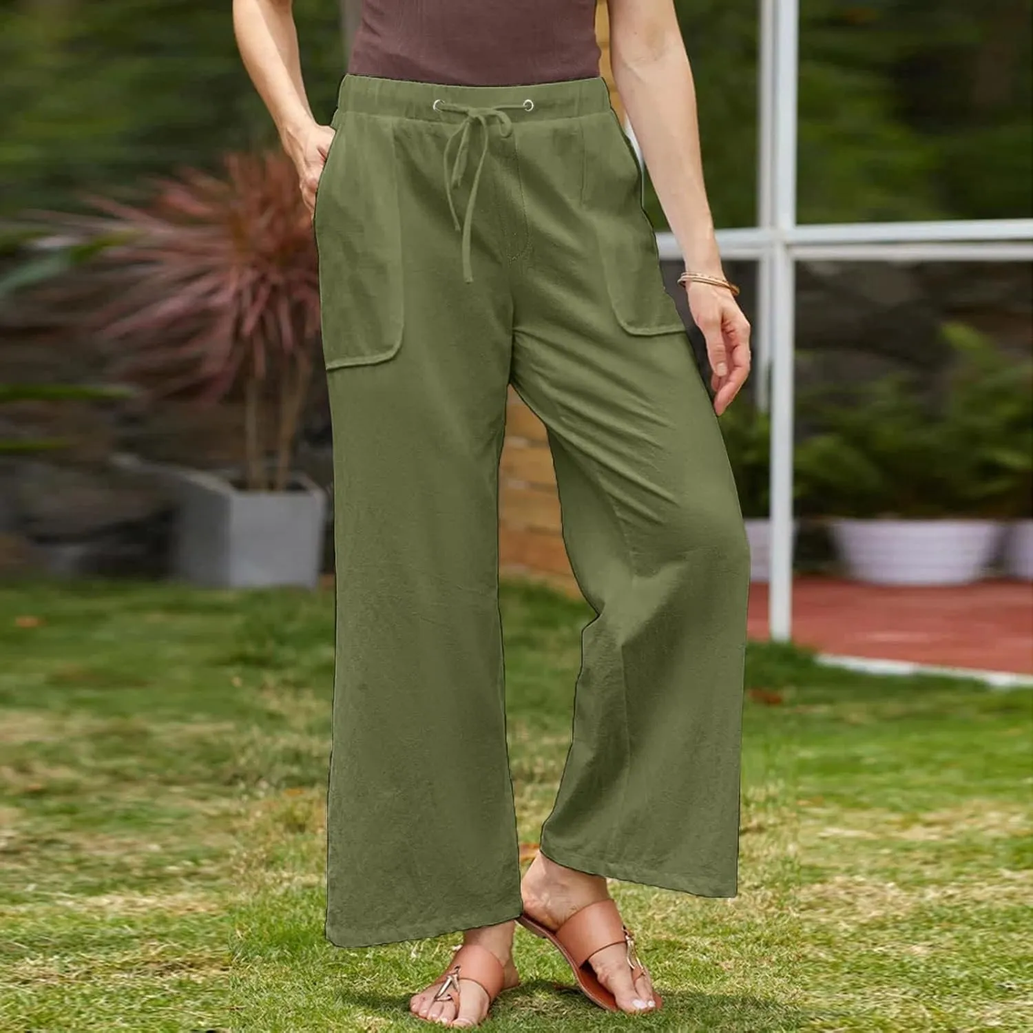Plus Size Cotton Linen Pants Women Dressy Casual Elastic High Waisted Slacks Summer Trousers with Pockets