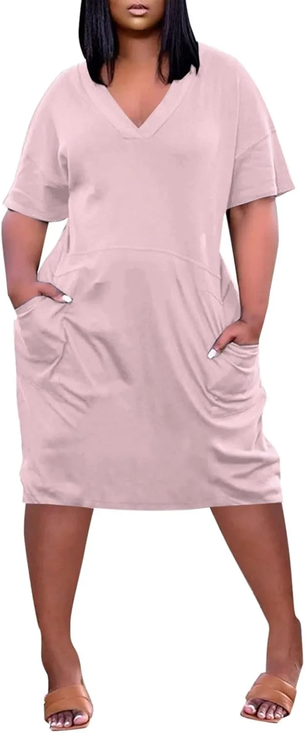 Plus Size Dresses for Curvy Women Oversize T Shirt Midi Dress Loose Short Sleeve V Neck Dress