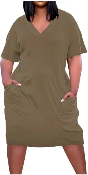 Plus Size V Neck Midi Dresses for Women Baggy V Neck T-Shirt Dress Solid Loose Fitting Sundress with Pokets