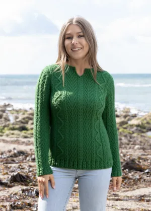 Relaxed Fit V Neck Ladies Aran Sweater | Green - Clearance
