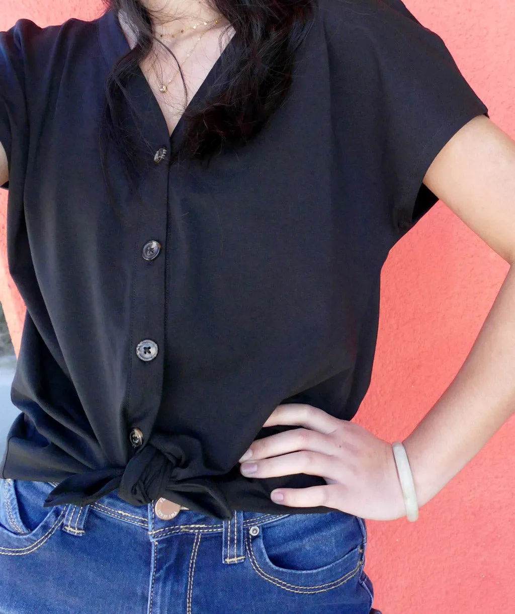 SALMA tie-front button top in Black