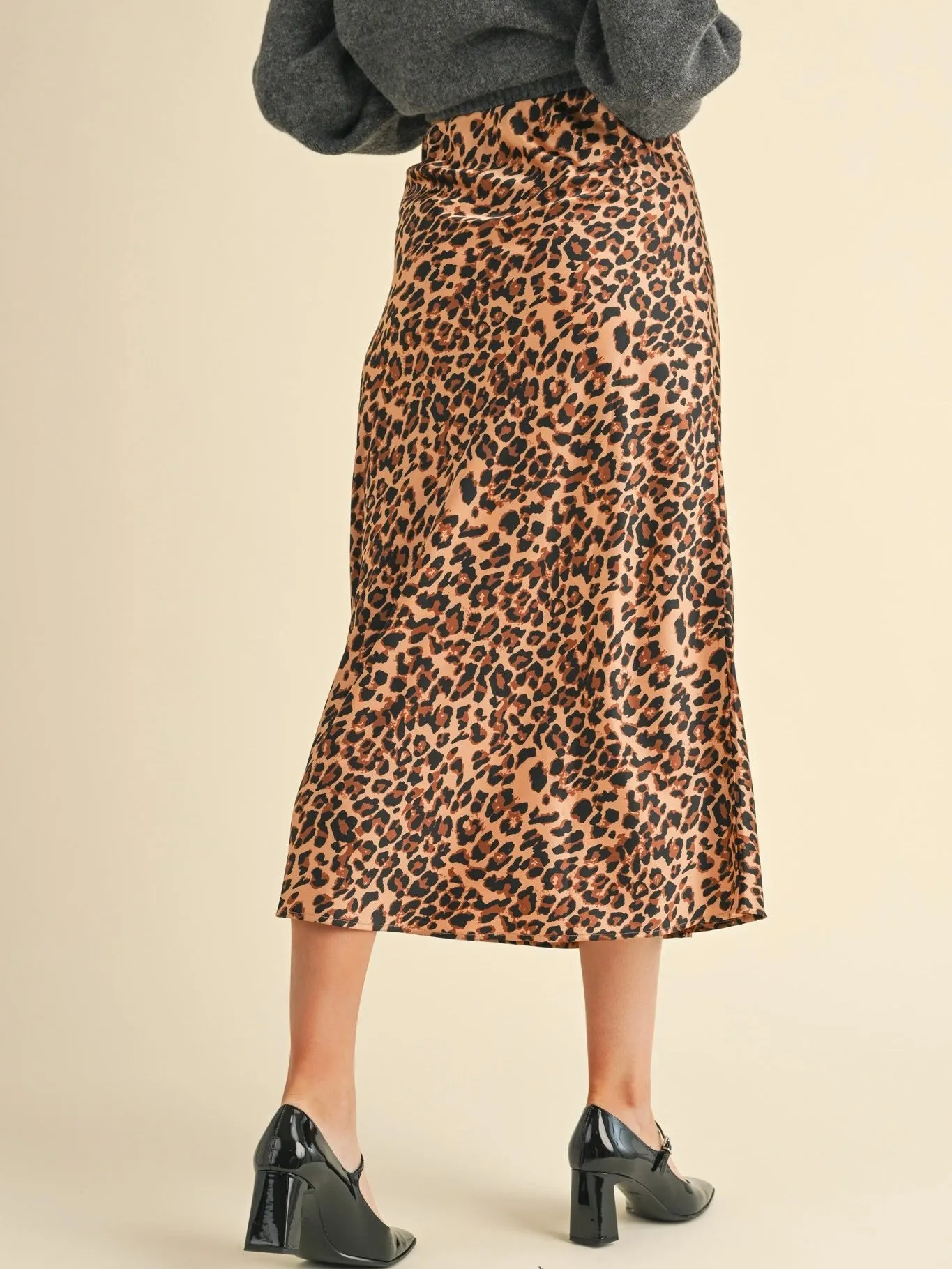 Satin Leopard Midi Slip Skirt