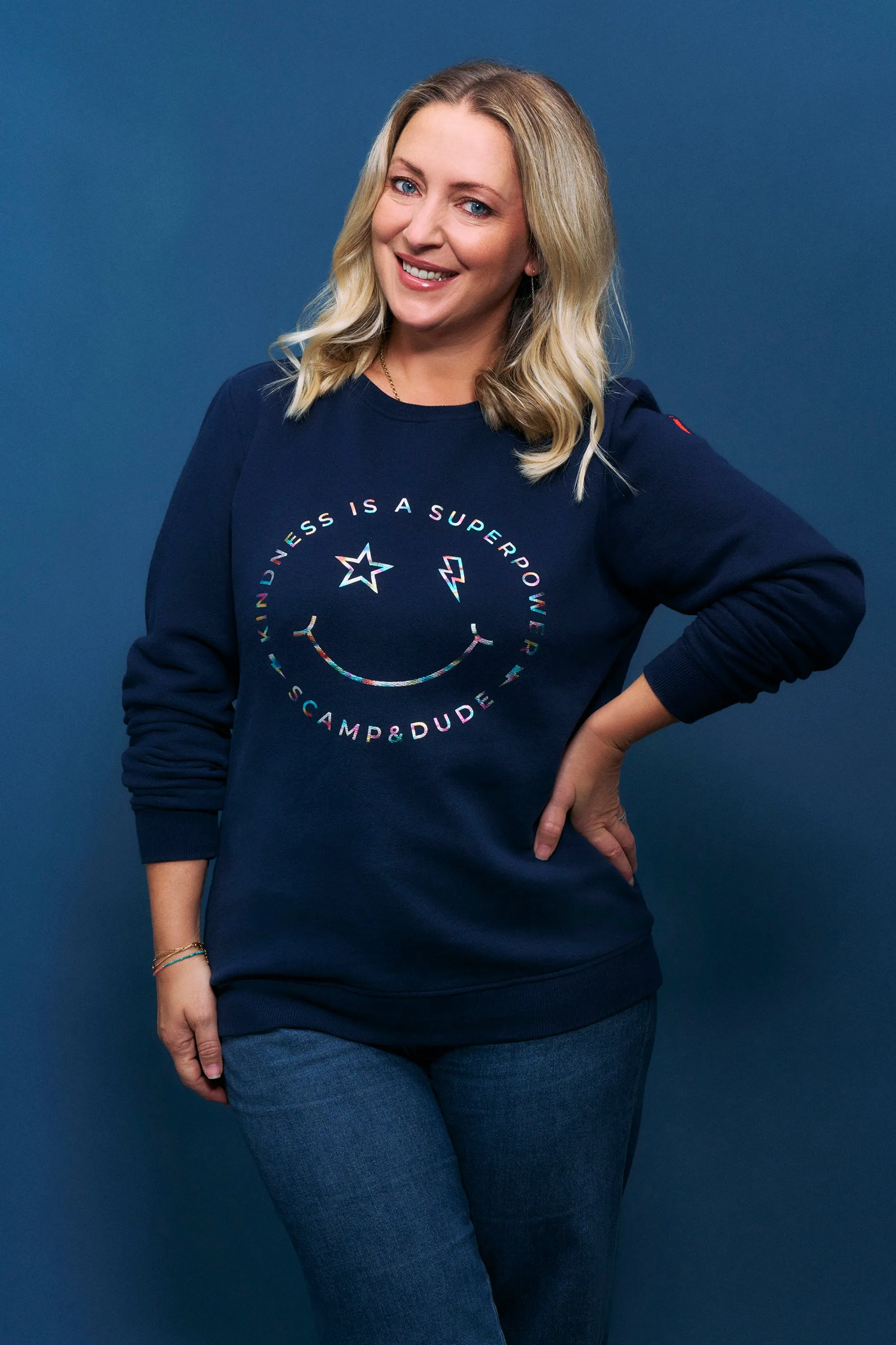 Scamp & Dude x Style For Stroke Navy with Rainbow Foil Smiley Face Charity Classic Sweatshirt