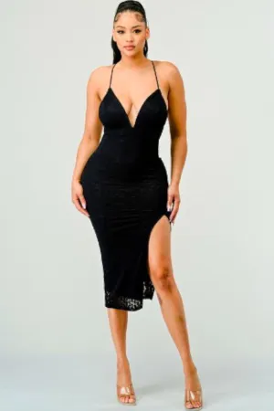 Seductive Sweetheart Luxe Lace Slit Midi Dress