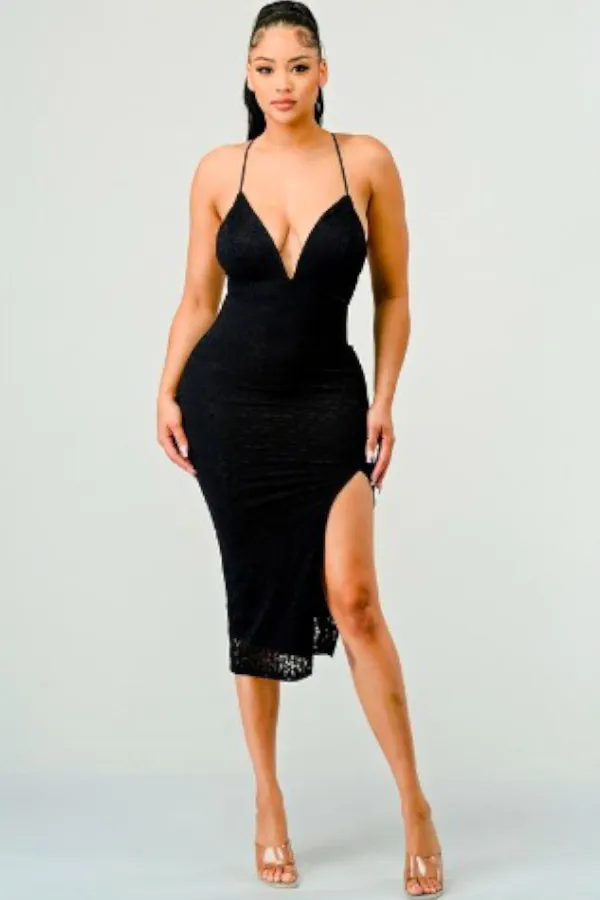Seductive Sweetheart Luxe Lace Slit Midi Dress