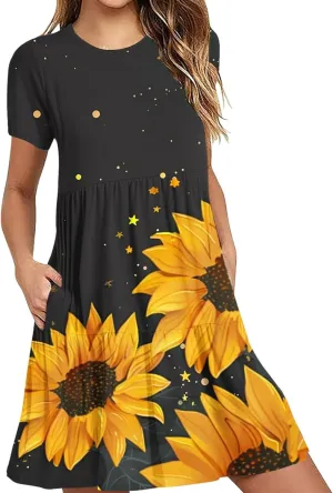 Sun Dresses for Women 2024 Sunflower Sundress Cowl Neck Layered Flutter Flowy Fit Plus Size Dress Clothes Vacation