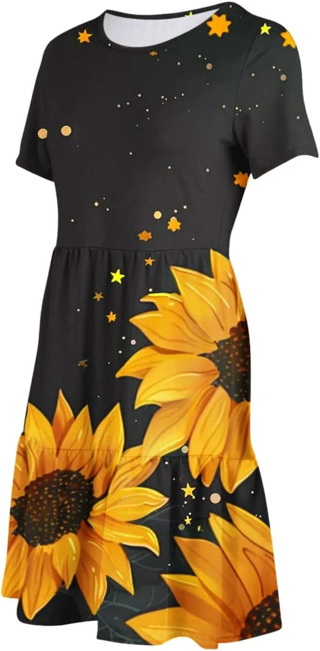 Sun Dresses for Women 2024 Sunflower Sundress Cowl Neck Layered Flutter Flowy Fit Plus Size Dress Clothes Vacation