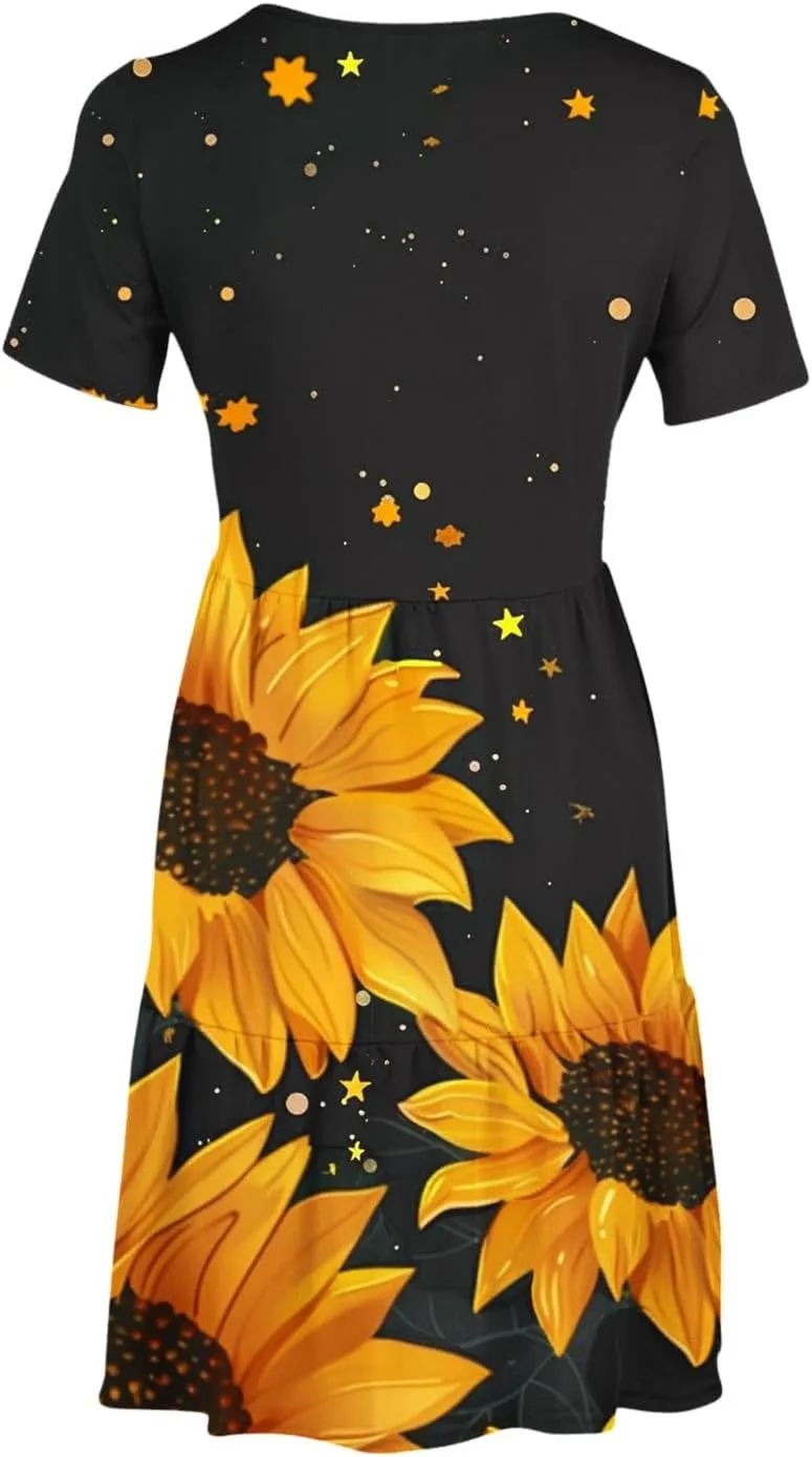 Sun Dresses for Women 2024 Sunflower Sundress Cowl Neck Layered Flutter Flowy Fit Plus Size Dress Clothes Vacation