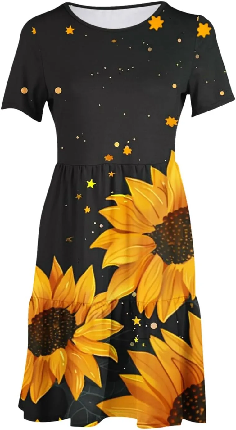 Sun Dresses for Women 2024 Sunflower Sundress Cowl Neck Layered Flutter Flowy Fit Plus Size Dress Clothes Vacation